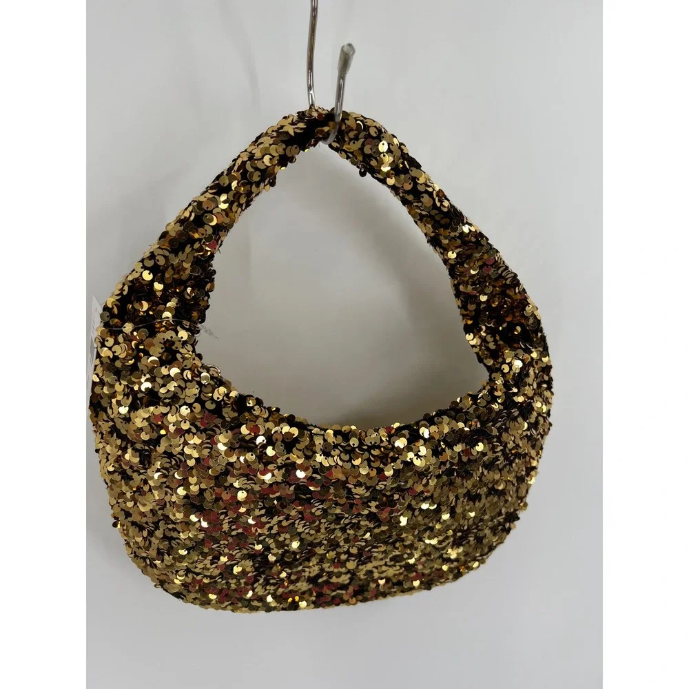 Anthropologie Paillette Mini Crescent Bag Gold Sequin Hobo Party Sparkle NWT